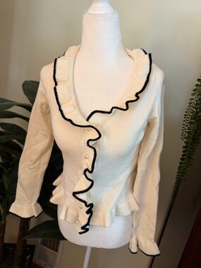 SHEIN Cream Ruffle-Trim Cardigan with Black Edge